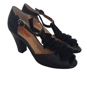 Miz Mooz Women's Size 6 Black Sailor Ruffle T-Strap Buckle Leather High Heels